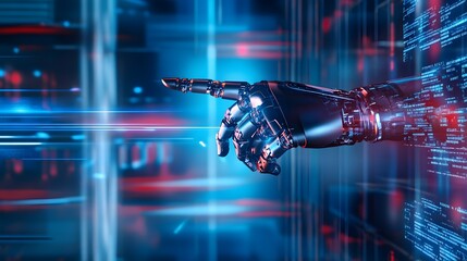 Futuristic Robot Hand Pointing at Digital Code