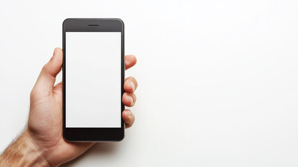 Poster - a hand holds a smartphone with a blank screen against a white background. the screen is empty, ready