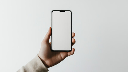 Poster - a hand holds a smartphone with a blank screen against a white background. the screen is empty, ready
