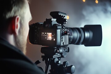 Close-up of operator using professional camera during shooting 