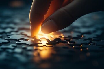 Closeup hand of woman connecting jigsaw puzzle with sunlight effect, Business solutions, success and strategy concept, copy space 