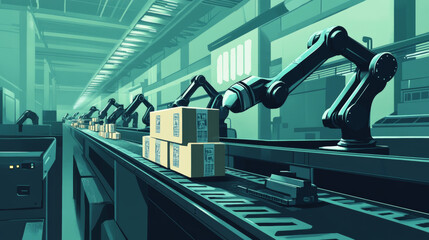 Poster - A set of simple illustrations showing robotic arms loading items onto a conveyor belt.
