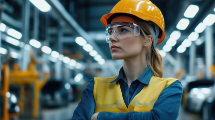 Poster - a female worker in an automotive industry setting wears a helmet and safety glasses. she stands conf