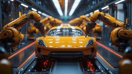 Poster - automotive assembly line showcasing advanced robotics in a modern factory setting. witness innovatio