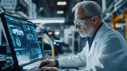 Fototapete - Dedicated automotive engineer analyzes design blueprints on a computer in a modern workspace, showcasing expertise in vehicle innovation and technology.