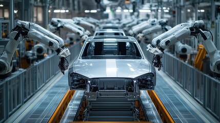 Poster - Modern automated assembly line showcasing advanced robotics in the automotive industry. This high-tech environment highlights efficiency and precision in car manufacturing.