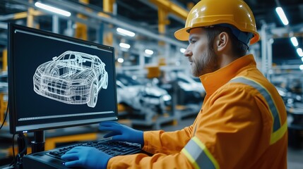 Fototapete - Engineer uses computer-aided design to develop automotive concepts in a bustling manufacturing environment, showcasing technology in the industry.