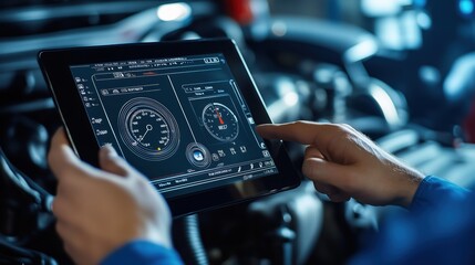 Poster - Technician uses a diagnostic tablet to monitor vehicle performance metrics in a modern workshop, showcasing the integration of technology in automotive repair.