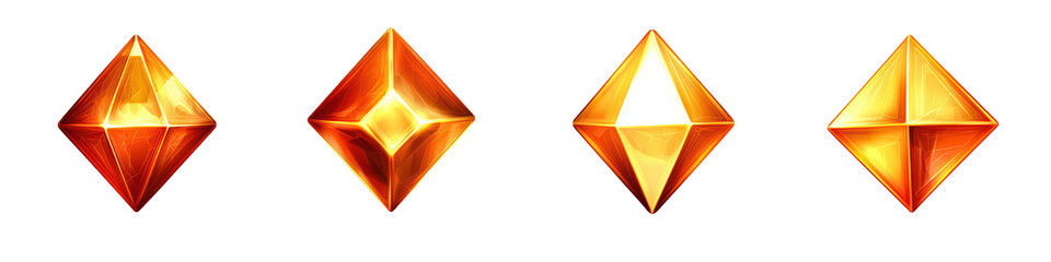 Four golden diamond shapes, shining and vibrant, ideal for design projects on a white isolate background. transparent background
