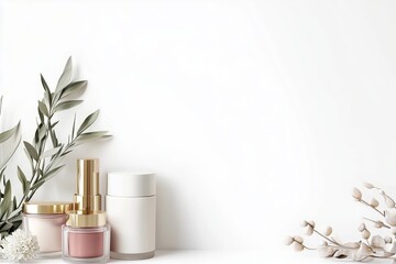 set mockup of a collection of beauty cosmetic product containers on display for natural makeup and skin care product concept as wide banner with copy space area over isolated white background 