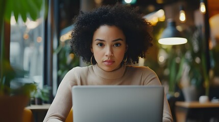 Poster - Young Woman with Curly Hair Looking at Camera While Using Laptop in Cafe