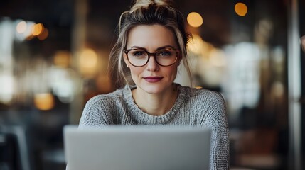 Poster - Woman with Glasses Working on Laptop in Cafe