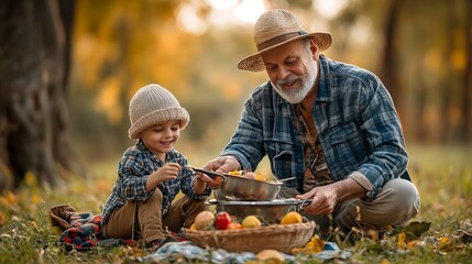 Wall Mural - Happy Family Enjoying Outdoor Fun: Grandfather and grandson cooking and having a picnic in the park 