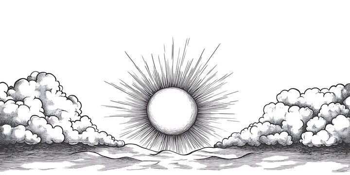 A detailed black and white sketch featuring the sun radiating light accompanied by flowers and small fluffy clouds