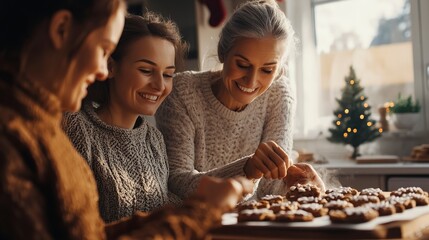 Poster - Family members baking Christmas cookies together in a bright kitchen smiling and sharing joyful moments Large space for text in center Stock Photo with copy space 