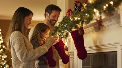 Sticker - Family decorating the mantle with Christmas stockings and garland, warm holiday setting, copy space for stock photo with minimal concept, No logo, No Trademark, No text  