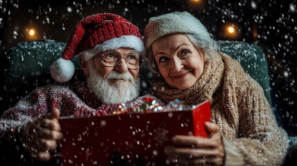 Sticker - Elderly couple in a movie theater enjoying a movie - Christmas themed stock photo 