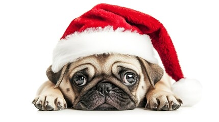 Sticker - Cute sad pug dog puppy in Santa Claus hat lying on ground isolated on white background  