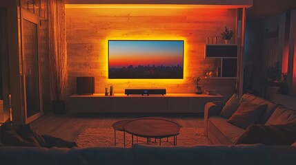 Wall Mural - Cozy living room with modern TV mounted on wall, comfortable couch, and warm lighting, creating a relaxing atmosphere for family gatherings and entertainment 