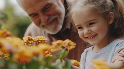 Wall Mural - Cheerful little girl with her grandfather takes care of flowers, close up 