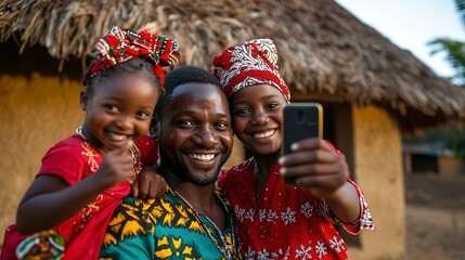 Wall Mural - Cheerful African family making selfie together for Christmas 