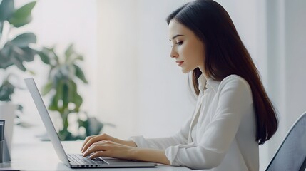 Poster - Woman in a White Shirt Working on a Laptop