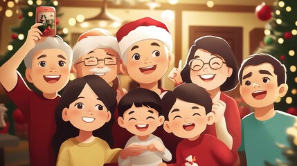 Poster - big family celebrating christmas eve and taking a selfie picture 