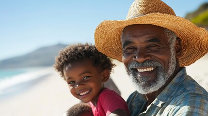 Wall Mural - Beach, grandfather and father with child on South African vacation with love, happiness, and joy. Fathers Day travel, joyful black family, and smiling on summer vacation for men and kids bonding.  