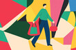 © Sergio - A person carries colorful shopping bags while walking through a vibrant abstract setting filled with geometric shapes
