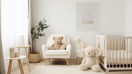 A minimalist white-themed nursery featuring plush teddy bears, a cozy crib, and subdued decor, creating a peaceful and welcoming environment for babies.