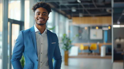 Poster - portrait of a happy young businessman or smiling entrepreneur wearing blue suit standing in modern office