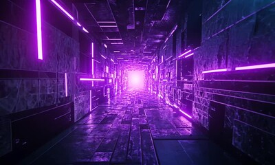 neon futuristic sci fi glowing purple purple glowing laser tunnel corridor with glowing laser corridor on dark concrete background with reflective reflections 3 d rendering illustration