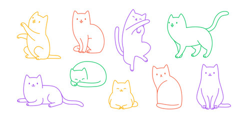 Wall Mural - outline cat poses set. cute vector line cat collection. colorful kittens silhouette bundle.