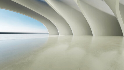 Poster - 3d render of abstract wavy structure, futuristic architecture with empty concrete floor