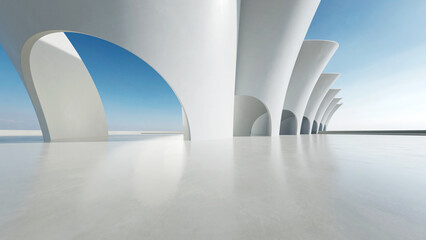 Poster - 3d render of abstract wavy structure, futuristic architecture with empty concrete floor