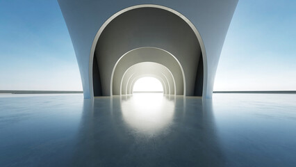 Poster - 3d render of abstract wavy structure, futuristic architecture with empty concrete floor