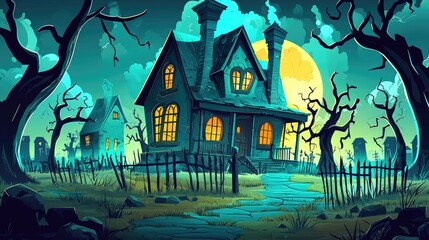 Wall Mural - Haunted House in a Spooky Forest with a Full Moon