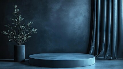 Canvas Print - Dark grey-blue round podium stage in a minimalist setting, ideal for luxury product displays or promotional presentations.