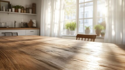 Sticker - Empty wood kitchen tabletop bathed in natural sunlight, with white curtains in the background, providing a clean, inviting setting for product presentation.