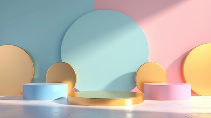 Wall Mural - Colorful pastel round podiums with golden, blue, and pink colors on geometric circles overlap the wall background. Showcase modern product display