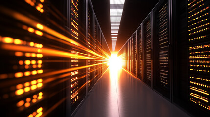 A futuristic data center where beams of light shoot between racks of blinking servers, symbolizing data transfer, surrounded by automated systems designed to maintain internet infr