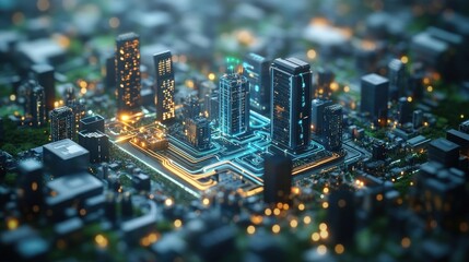 Poster - Futuristic Cityscape on Circuit Board   Technology  Innovation  Urban Development