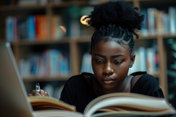 Serious young black woman studying with laptop and book