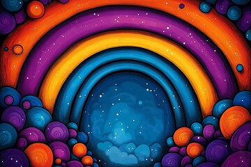 Wall Mural - colorful rainbow with a blue sky background. the rainbow is made up of many different colored sphere