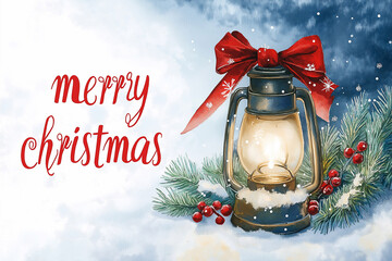 watercolor illustration of a kerosene lamp with a bow with the inscription merry christmas on a snow background