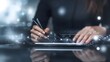 © fledermausstudio - Businesswoman Working on Tablet with Digital Data Interface