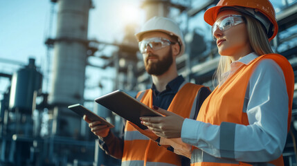 Engineers with tablets inspecting a nuclear power plant, with cooling towers and control units gleaming in the bright sunlight.