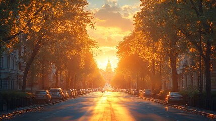 Wall Mural - a long, straight road lined with trees leads to a golden sunset in the distance.