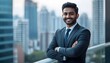 © Jojo* - Confident Businessman in Suit Standing on Balcony with City Skyline in Background