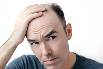 Poster - Bald man or woman worry about his or her less hairline on white background isolated